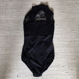 Suffolk brand black leotard with lace halter cut